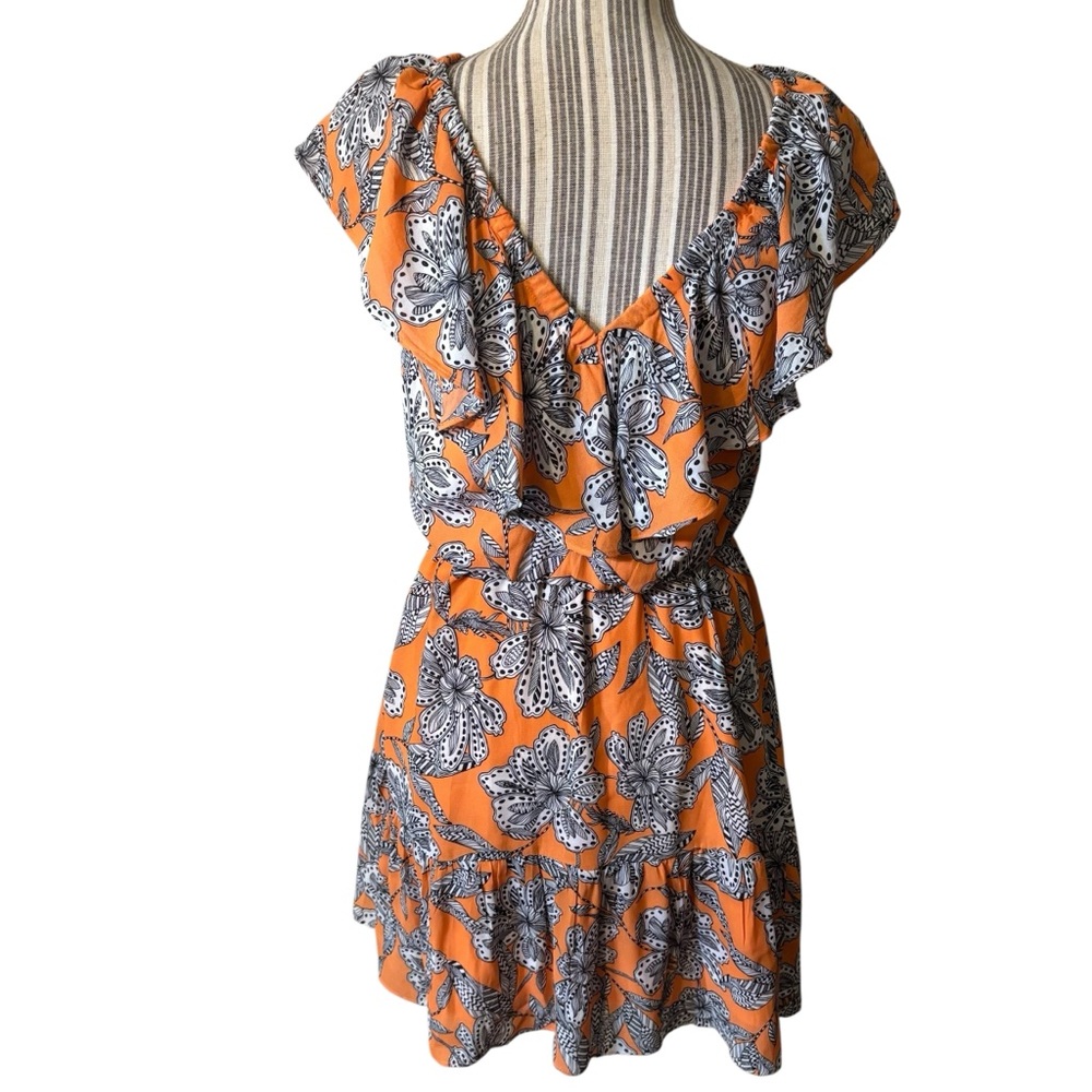 SALE! LOFT Dress XS Orange Black White Floral Mini Retro Ruffle Elastic Neckline - Picture 8 of 16